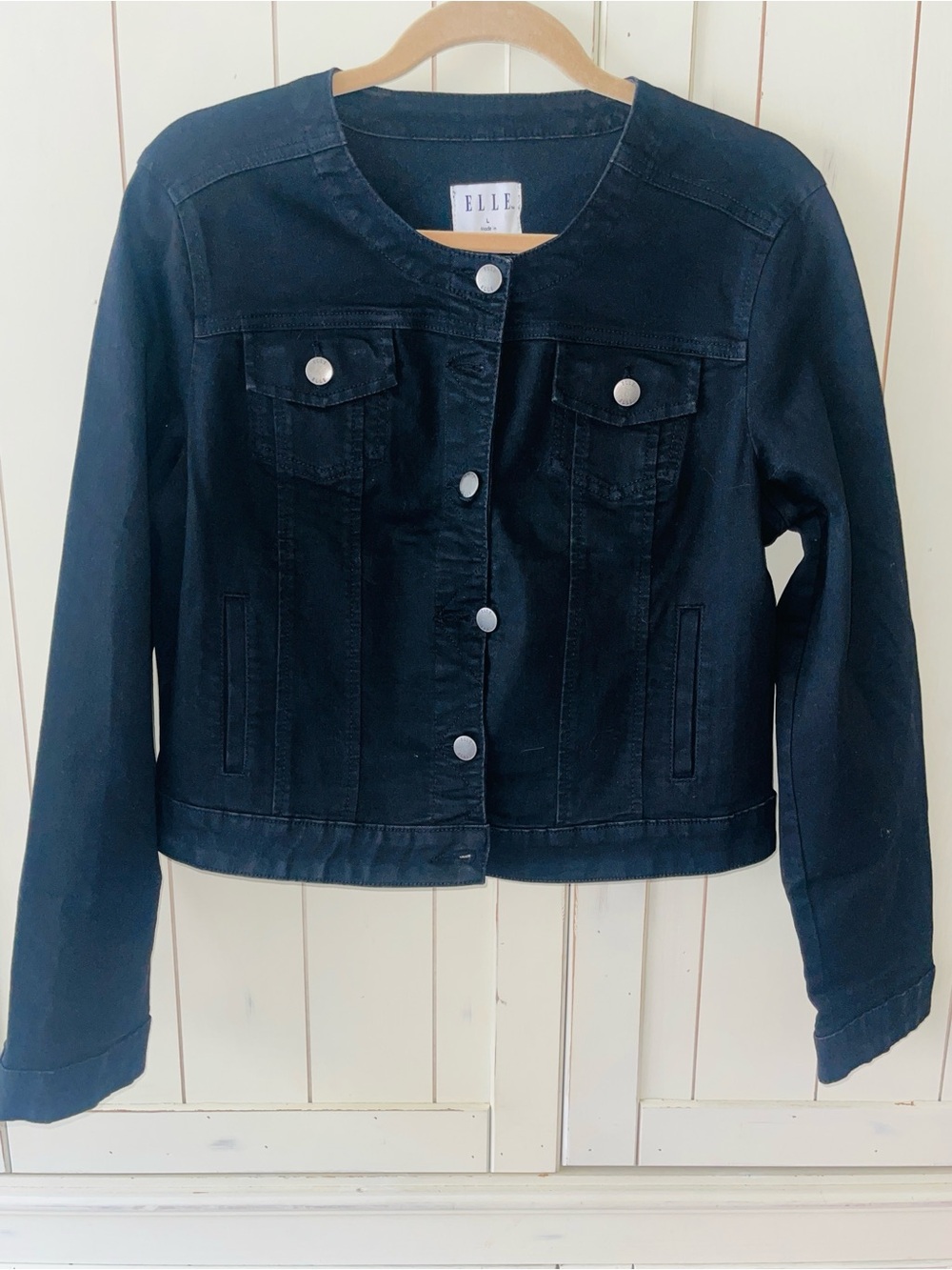 ELLE' Black Motto Collarless Denim Jacket Size L